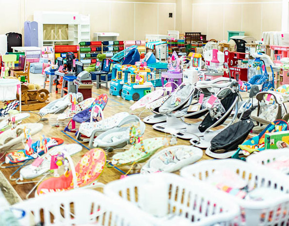 Children's clothing and toys sold at a pop-up consignment sale in Maryland, Wee-Sale