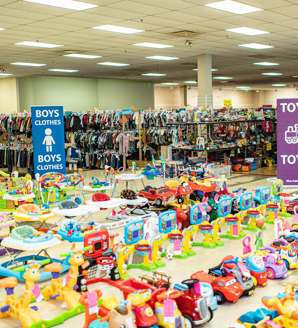 Children's clothing and toys sold at a pop-up consignment sale in Maryland, Wee-Sale