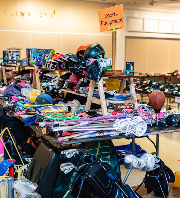 Children's sporting equipment sold at a pop-up consignment sale in Maryland, Wee-Sale